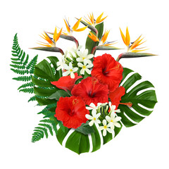 Hibiscus, strelitzia and plumeria flowers with green tropical leaves on white background. Floral composition © New Africa