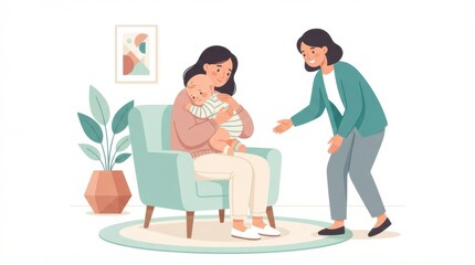 Fototapeta premium A mother sits on a chair holding her infant while a visitor greets them in a cozy home environment focused on early development.