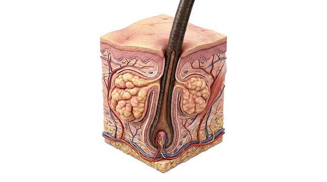 Detailed 3d cross section of human skin with hair follicle isolated on white background