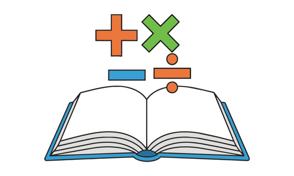 Open book with mathematical operator symbols rising from blank pages in a minimal flat style education concept