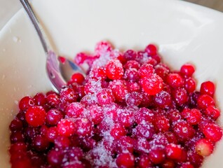 Fresh red cranberries coated in granulated sugar in a white bowl with a metal spoon © light