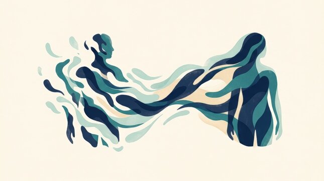 Fragmented human silhouettes dissolving into abstract flowing shapes