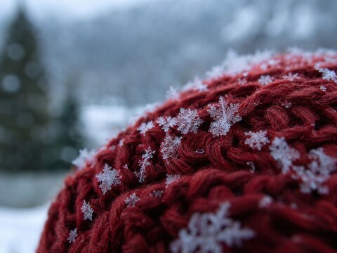 Makroaufnahme roter Strickwolle mit feinen Schneekristallen im Winterlicht. Detailreiches Motiv f&uuml;r K&auml;lte, Gem&uuml;tlichkeit, Weihnachtszeit und textile Winterstimmung.