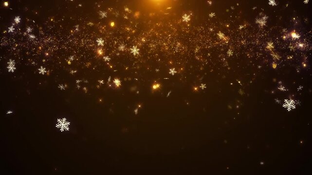 A warm and inviting festive backdrop with glittering gold particles and delicate snowflakes gracefully falling against a dark, textured background, evoking a magical winter atmosphere.