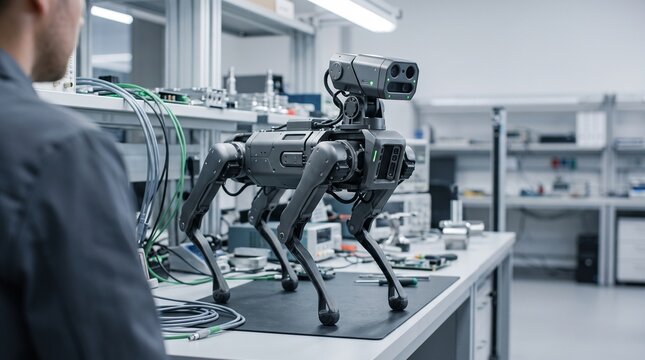 Robotic dog quadruped AI technology in high-tech laboratory with technician working on advanced industrial automation and autonomous robotics development research