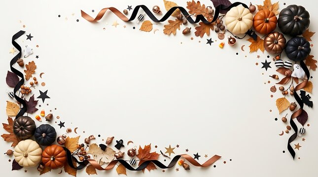 Halloween border with pumpkins and autumn leaves