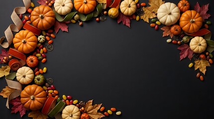 Fototapeta premium Halloween pumpkin border on dark black background