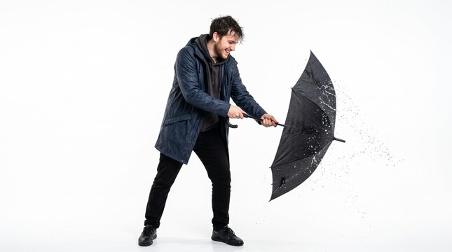 Man struggling with a black umbrella in the rain with water splashing everywhere