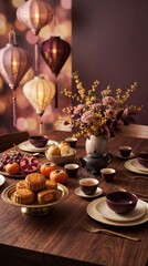 Fototapeta premium Elegant Mid Autumn Festival Table with Mooncakes Tea and Lanterns