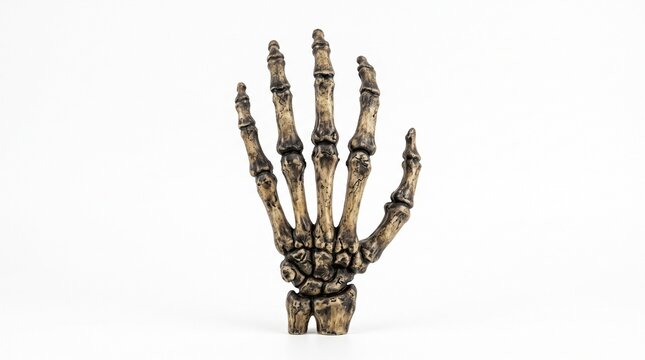 A realistic human skeleton hand with weathered bones and intricate details isolated on a clean white background