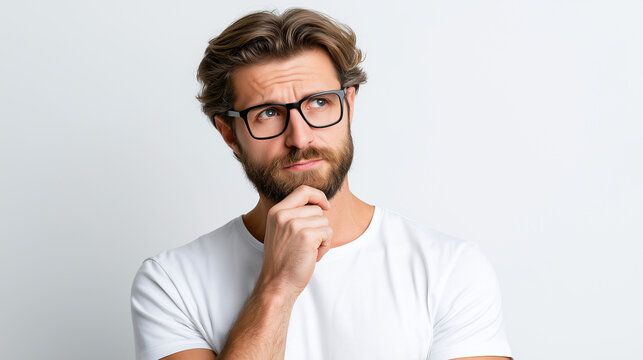 Thoughtful bearded man in glasses touching chin and looking up over white background