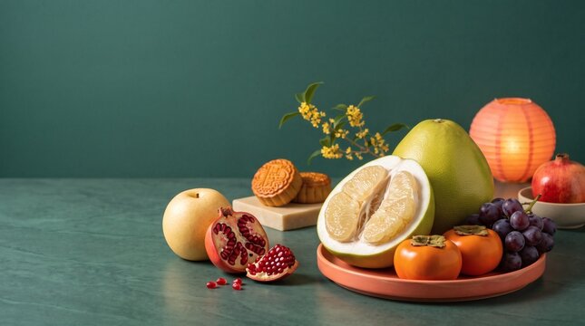 Traditional Mid-Autumn Harvest Still Life with Fruits and Mooncakes