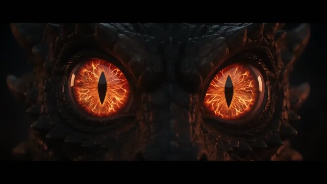Cinematic dragon eyes glowing and blinking in darkness