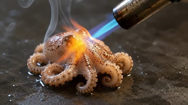 Baby octopus being seared on grill with fiery flames highlighting charred texture