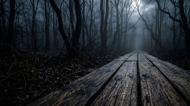 Wooden path through a dark and foggy forest