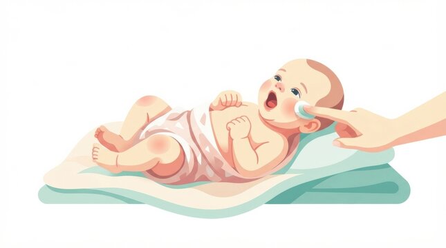 Newborn baby engages in rooting reflex while being cared for on a soft surface. This is a sign of early motor skills development.