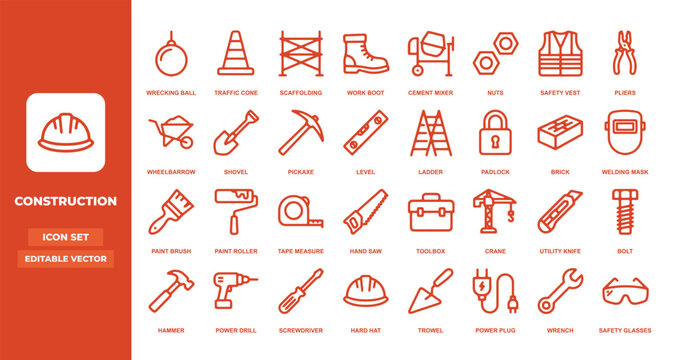 Construction tools and equipment line icon set featuring industrial building instruments and safety gear for engineering and renovation planning concepts