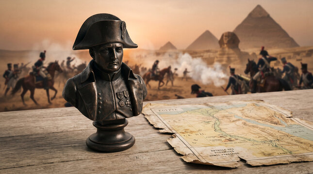 Napoleon bust and historical map on wooden table with Egyptian pyramids background