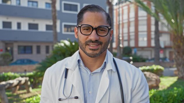 Man doctor smiling with stethoscope and glasses, wearing whitecoat and collared shirt, facing camera in front of building, urban park seating visible; compassion trust.