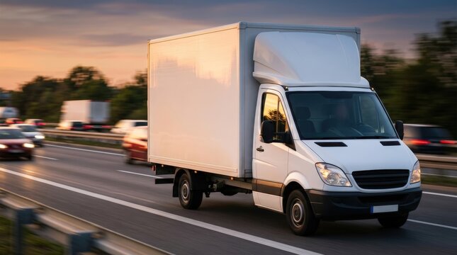 White delivery truck driving on highway at sunset