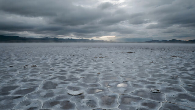 Salt flat landscape featuring hexagonal cracked ground patterns under a dark and moody overcast sky with distant mountains on the horizon line