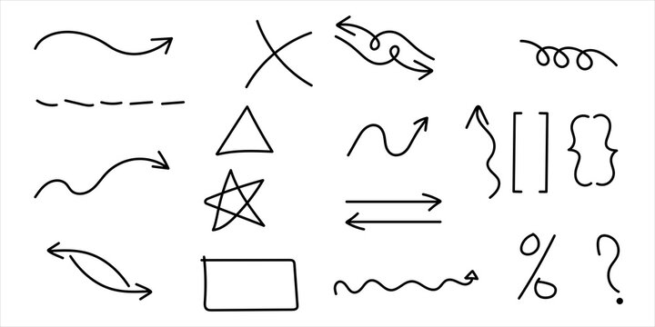 Set of hand drawn doodle elements including arrows shapes brackets and symbols on a white background