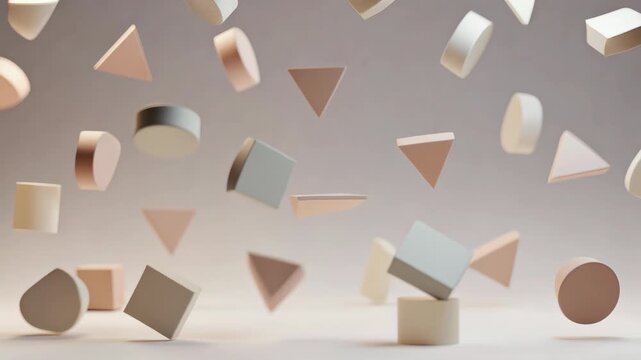 Floating geometric shapes in minimal style over soft neutral backdrop, concept of abstraction and balance