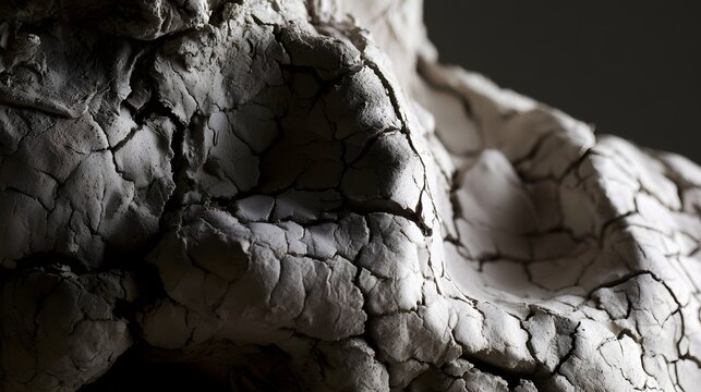 Close up of textured  cracked clay surface with soft lighting highlighting uneven contours and natural material details