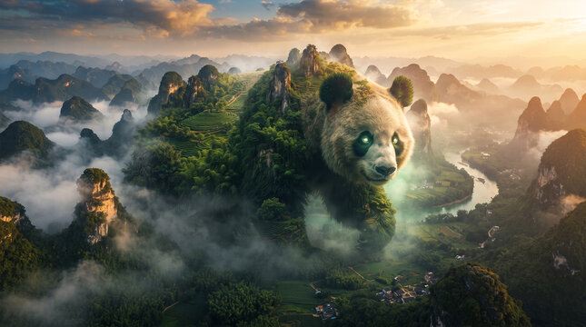 Giant panda creature merges with lush green mountain landscape at sunrise