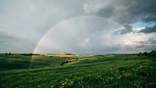 A wide angle view of a rainbow stretching over rolling green fields and meadows under a dramatic, cloudy, and overcast stormy sky
