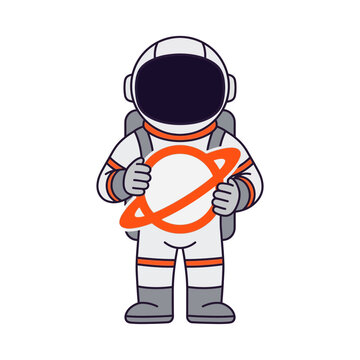 Cute cartoon astronaut holding a planet model with a white background