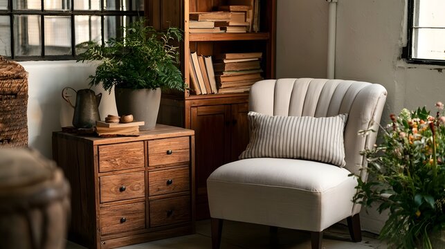 A cozy reading nook with a tufted armchair  wooden cabinet  and potted plants near a window with black frames