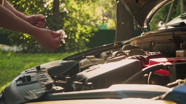 Close-up of hands removing and cleaning an engine oil dipstick beside an open engine bay. Routine automotive service helps monitor lubricant level and engine condition.