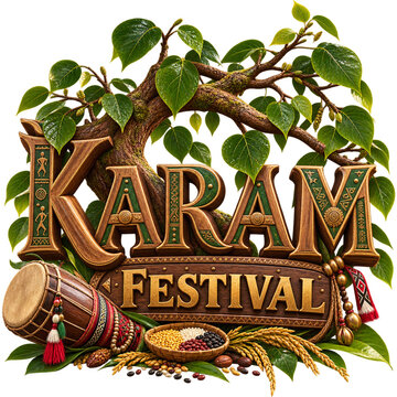 Karam Festival Premium Sacred Tree Typography Isolated PNG