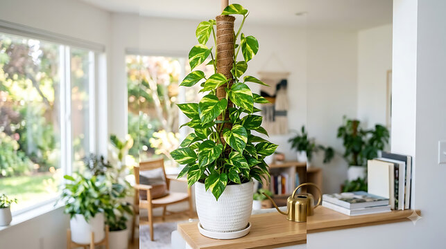 Potted monstera or pothos climbing plant on a moss pole displayed on a wooden counter in a bright modern home interior with houseplant interior decoration sunlight botanical tropical climbing
