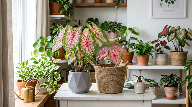 Assorted potted houseplants including colorful caladiums displayed on a white table in a bright room with houseplants caladium interior sunlight botanical collection flowerpot watering