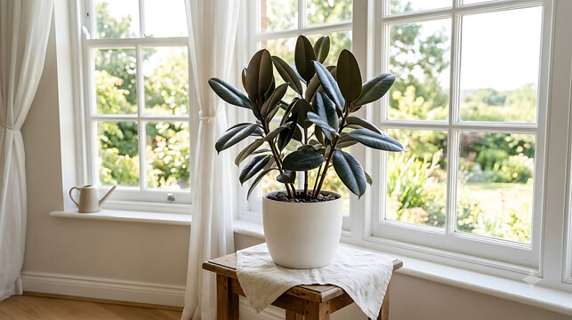 Potted rubber plant with dark leaves sitting on a small wooden stool next to bright houseplant interior curtains sunlight botanical furniture minimalist tranquil