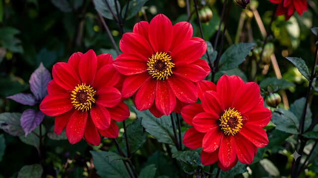 Bright red dahlia flowers blooming among dark leaves in a garden setting with red flower yellow center botanical perennial daylight ornamental decorative colorful greenery background