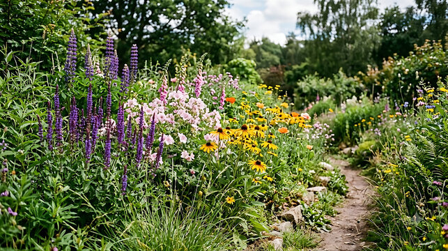 Lush summer botanical garden with a narrow dirt walking path winding through blooming flowers and green foliage floral landscape nature scenery garden walkway vibrant flowers landscape outdoors