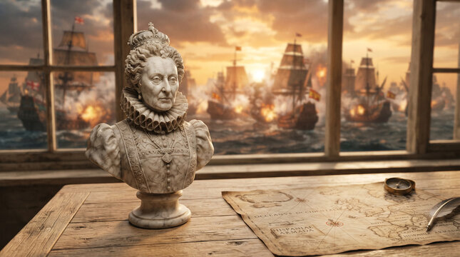 Marble bust of Queen Elizabeth I overlooks naval battle with Spanish Armada
