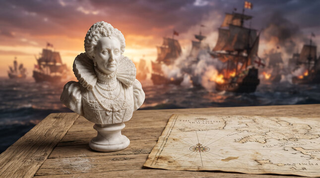 Marble bust of Queen Elizabeth I with Spanish Armada map and battle scene