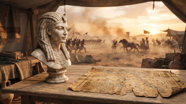 Ancient Egyptian bust and papyrus map overlook desert battle scene
