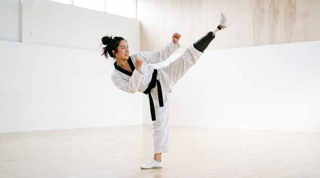 Woman with prosthetic leg performs high kick in martial arts uniform