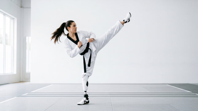 Taekwondo athlete with prosthetic leg performs dynamic high kick in bright studio
