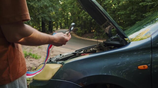 Driver holds a coiled tow strap beside a car with an open hood on a forest road. Vehicle trouble requires preparation for towing assistance.