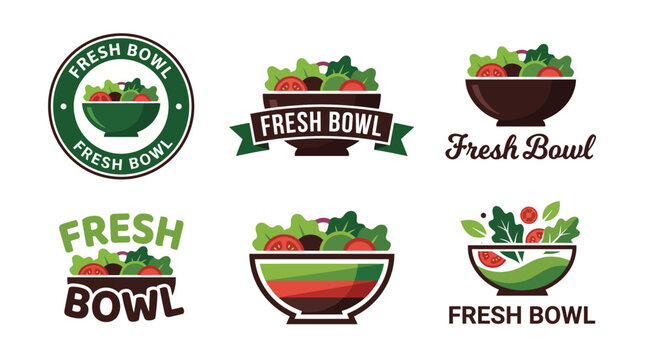 This image presents a variety of logo designs for the Fresh Bowl brand, featuring colorful salad imagery and catchy script fonts to promote a healthy eating ethos.