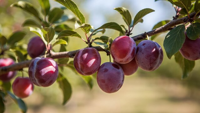 Ripe purple plums hang from a tree branch in a sunny orchard. This scene captures fresh organic fruit for agricultural and healthy nutrition themes.