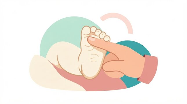 A hand gently touches a babys foot to check the plantar grasp reflex while observing infant development milestones.