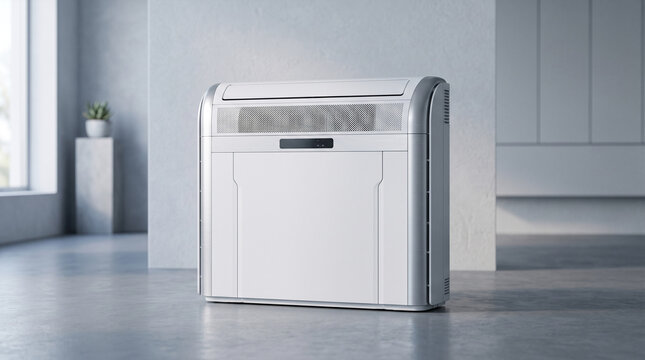 Modern portable air conditioner unit in a minimalist architectural interior space