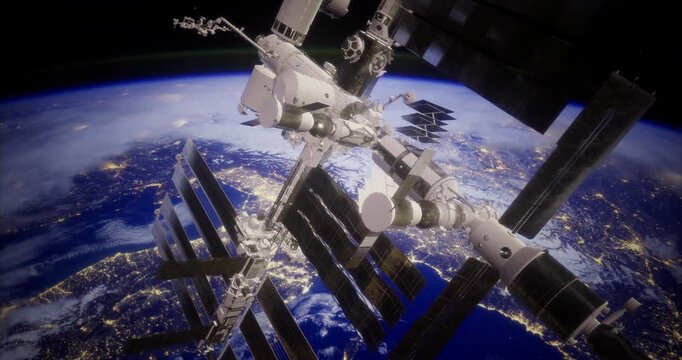 A satellite station orbits above Earth at night, illuminating the dark with bright city lights below. The structure features solar panels and various scientific modules.